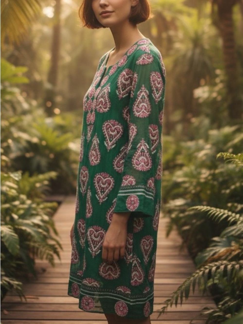 RARA AVIS Green and Pink Heart Pattern Long Sleeve Tunic Dress